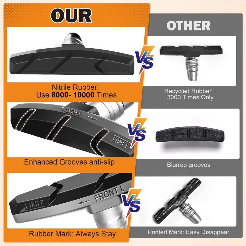 Alritz Bike Brake Pads Set  4 Pairs Road Mountain Bicycle V-Brake Blocks Shoes with Hex Nut and Shims  No Noise No Skid  70mm (Black) - Image 2